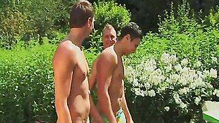 Blond gay ass fucked outdoor in 3way - gayxo.com